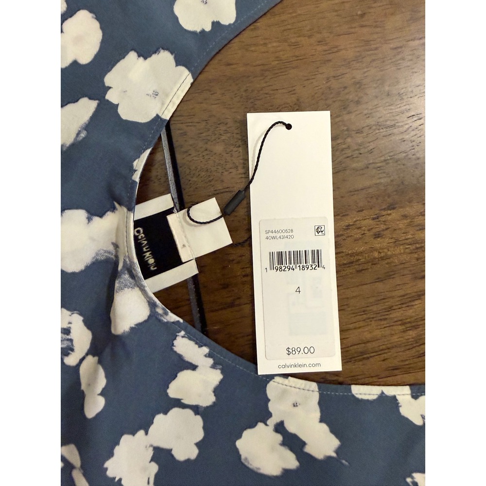 Calvin Klein Women Blue White Abstract Floral Scoop Neck Tank Top Size 4 NEW - Picture 5 of 6